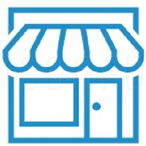 Cartoon Blue Retail storefront with door, window and awning