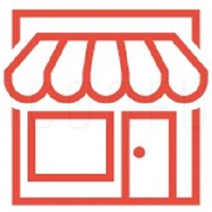 Cartoon Red Retail storefront with door, window and awning