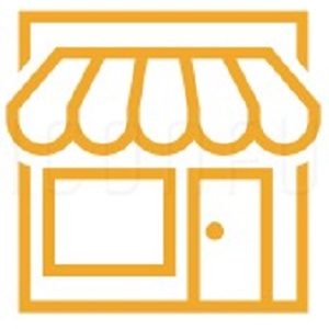 Shopfront in yellow with awning, window and door