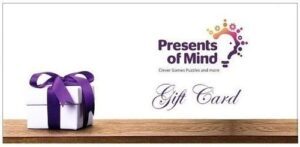 White box with purple ribbon next to Presents of Mind logo and Gift Card writing